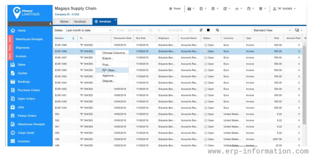 Invoices table view of Magaya 