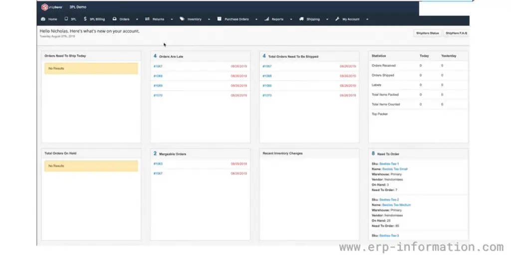 Dashboard of Shiphero shipping management system