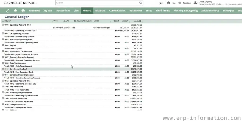 General ledger of NetSuite