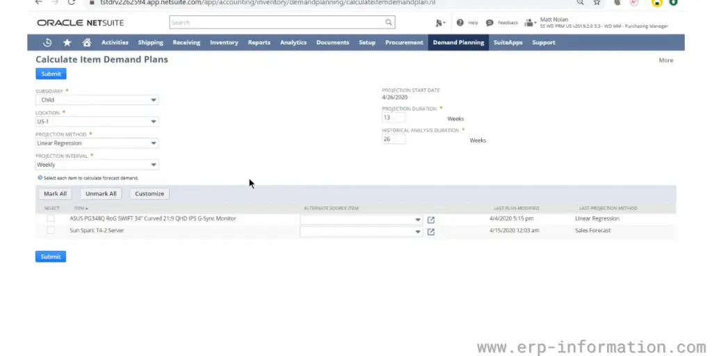 NetSuite calculating item demand plans