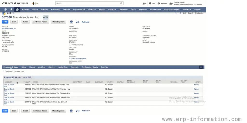 Bill details of NetSuite