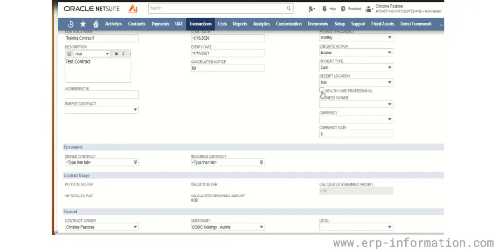 Contract details of NetSuite