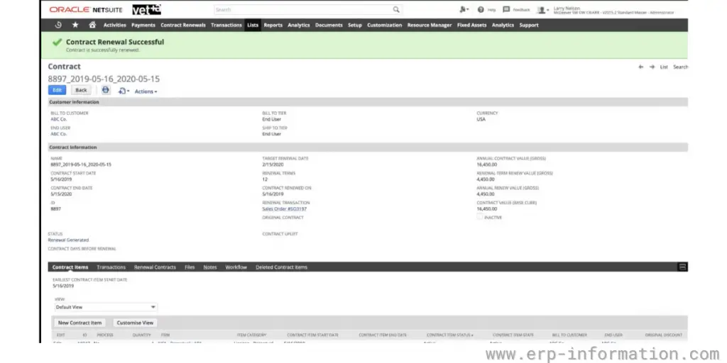 Contract renewal Sheet of NetSuite