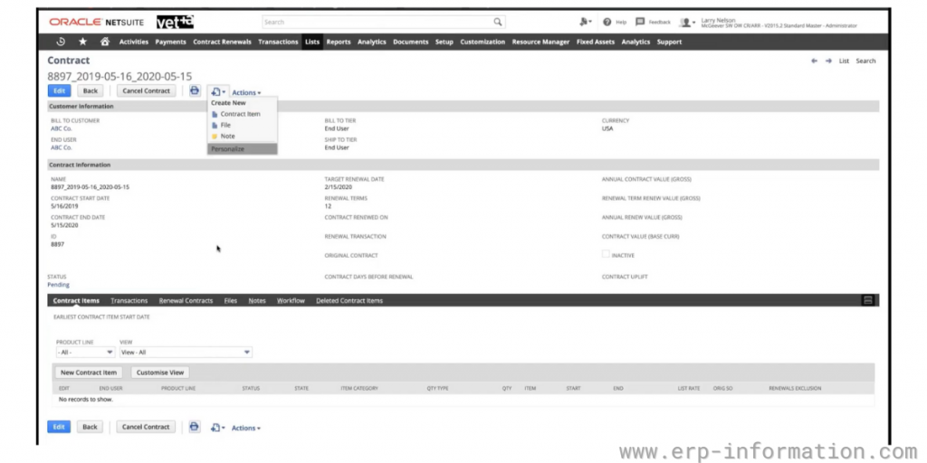 Contract information sheet of NetSuite
