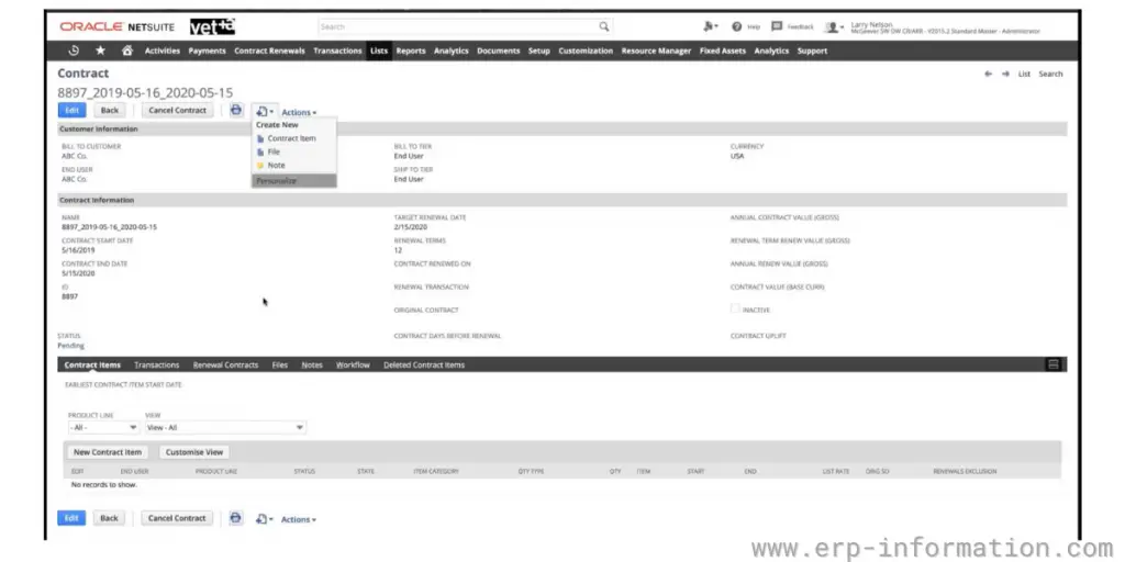 Contract information sheet of NetSuite