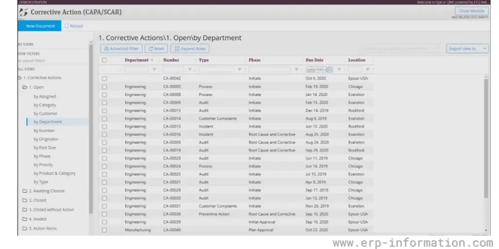 Corrective actions of Epicor QMS