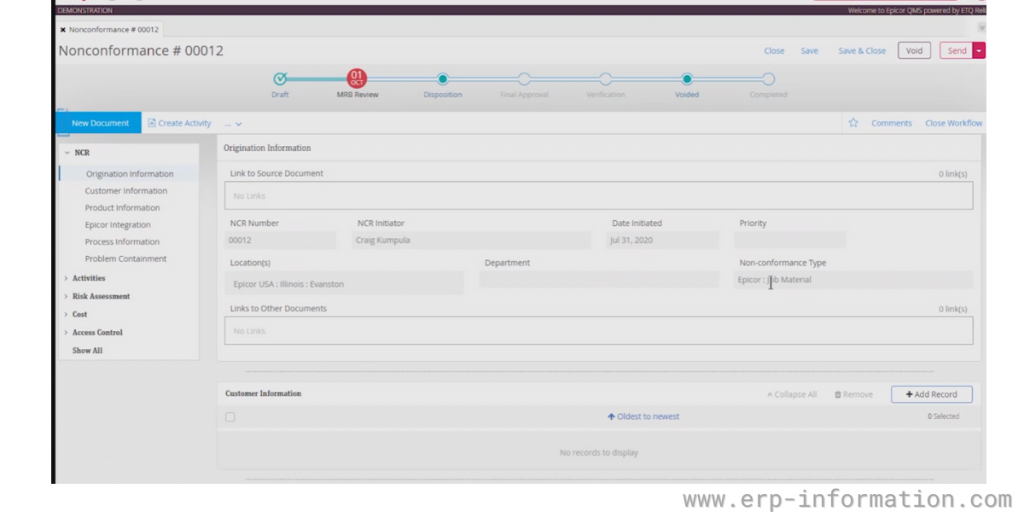 Review of nonconformance of Epicor QMS