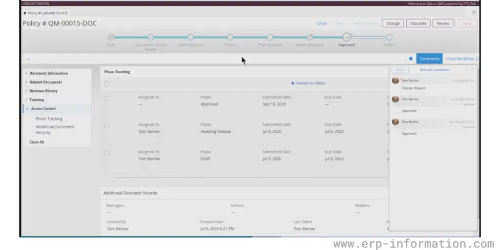 Epicor QMS Policy tracking