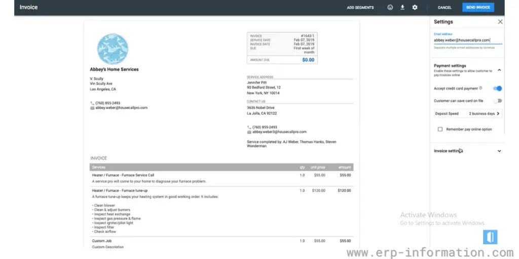 Invoice Sheet of Housecall Pro