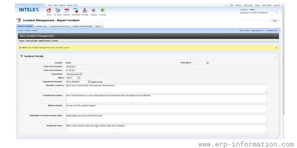 Incident details of Intelex