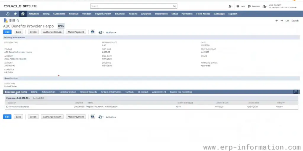 NetSuite Advanced Financials Bill