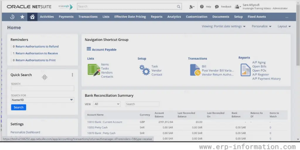 NetSuite's return authorization page