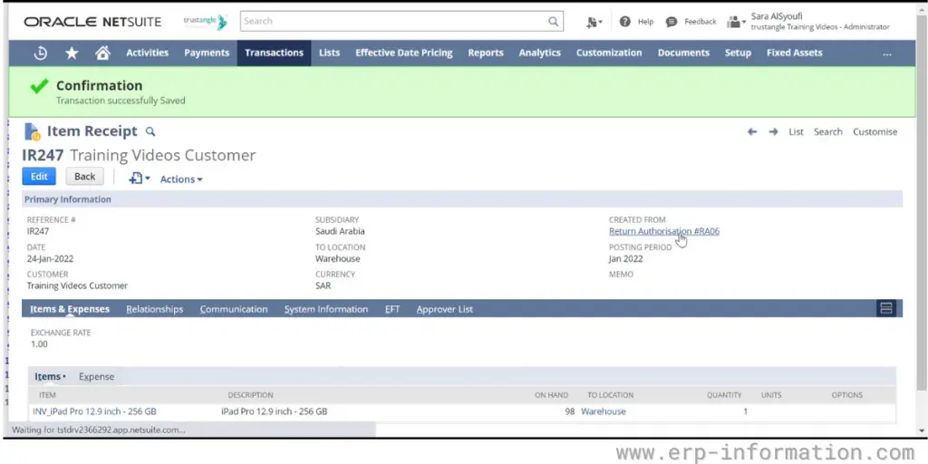 Item Receipt Confirmation sheet of NetSuite