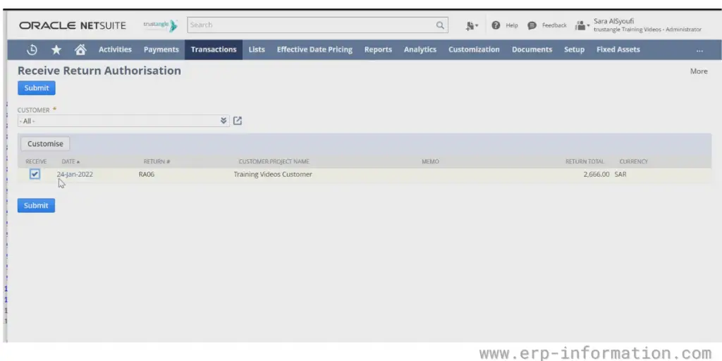 Receive Return Authorisation sheet of NetSuite