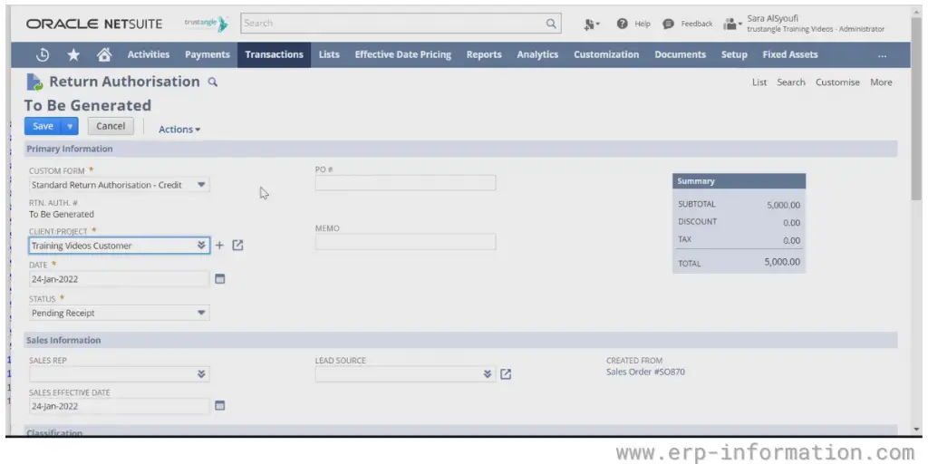 Return Authorisation Generated Page of NetSuite