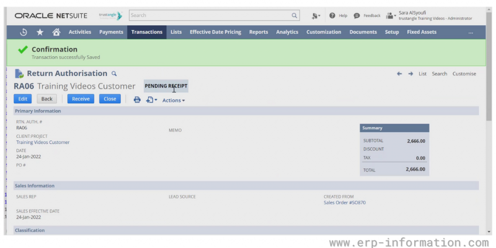 Confirmation return Authorisation view of NetSuite