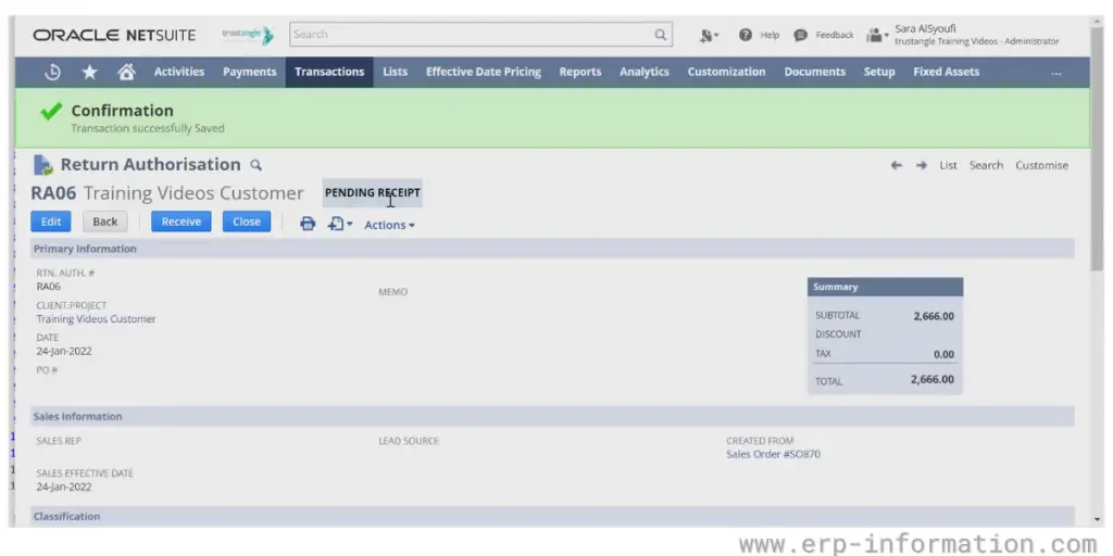 Confirmation return Authorisation view of NetSuite