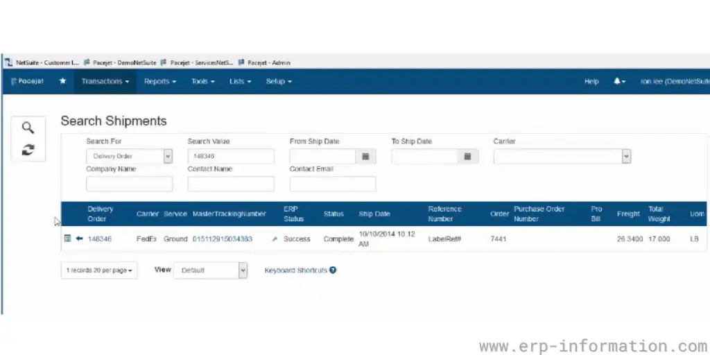 Item search shipment sheet of NetSuite