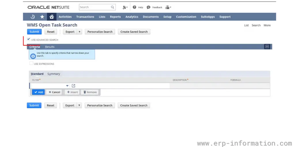 Open Task Search Table of NetSuite WMS
