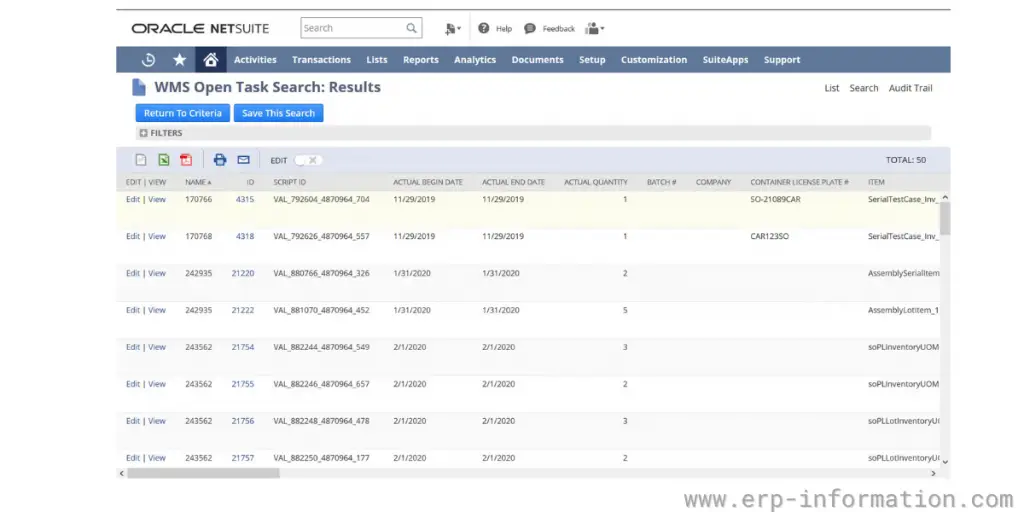Open Task Search Results of NetSuite WMS