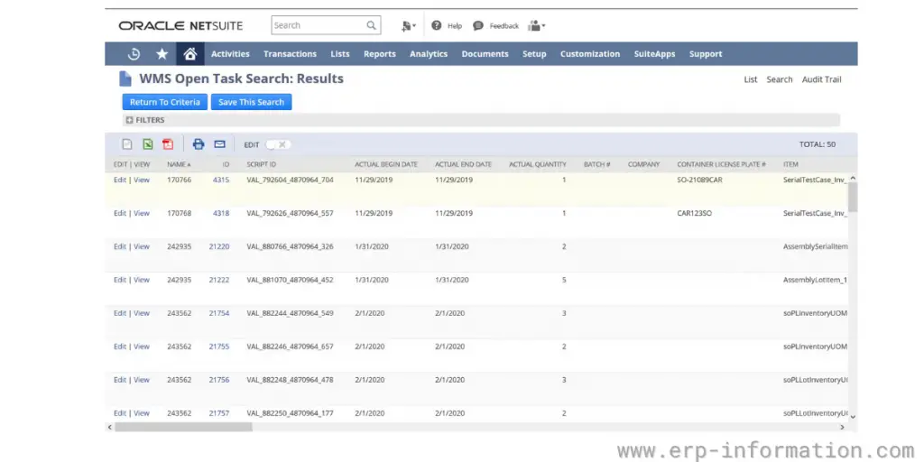 WMS Open Task Sheet of Oracle NetSuite