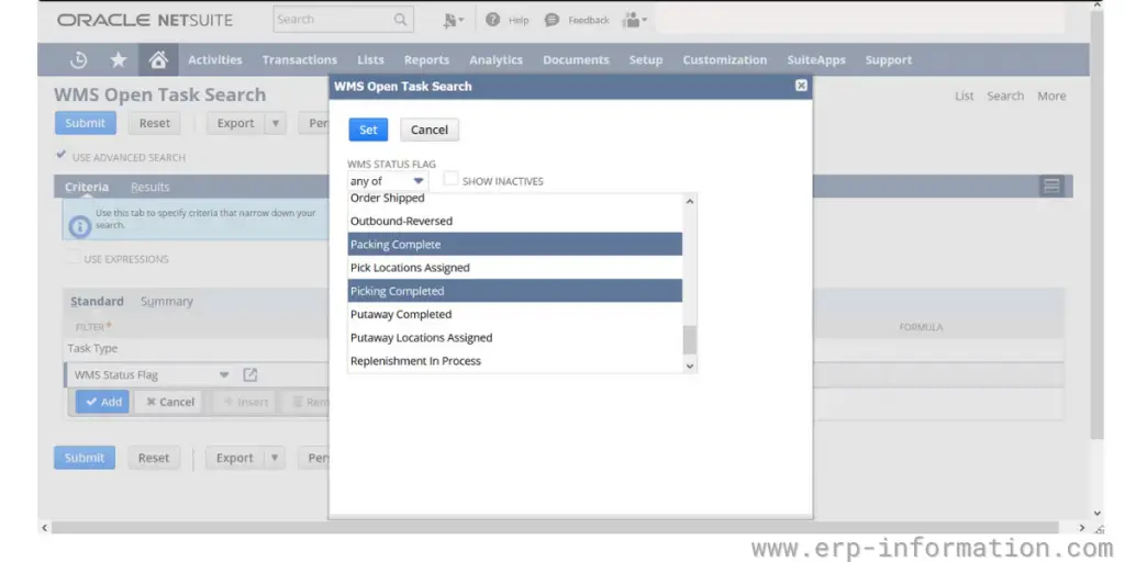 Open Task search Set table of NetSuite WMS