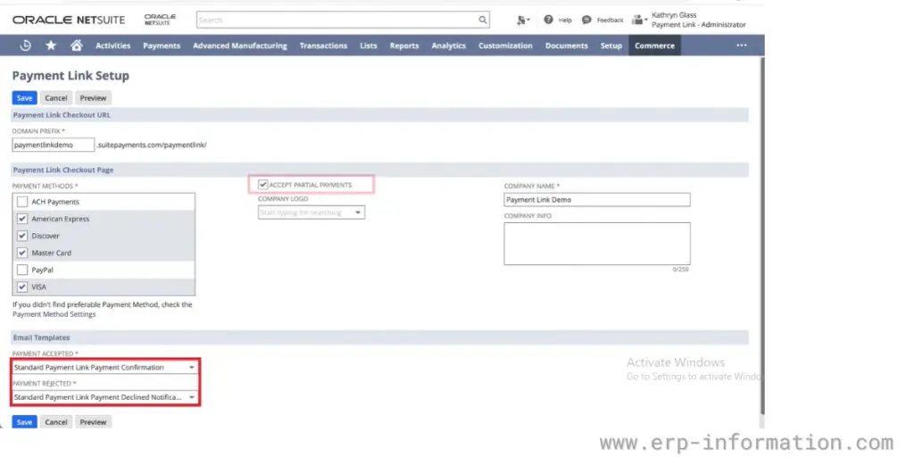 Payment sheet of Oracle NetSuite