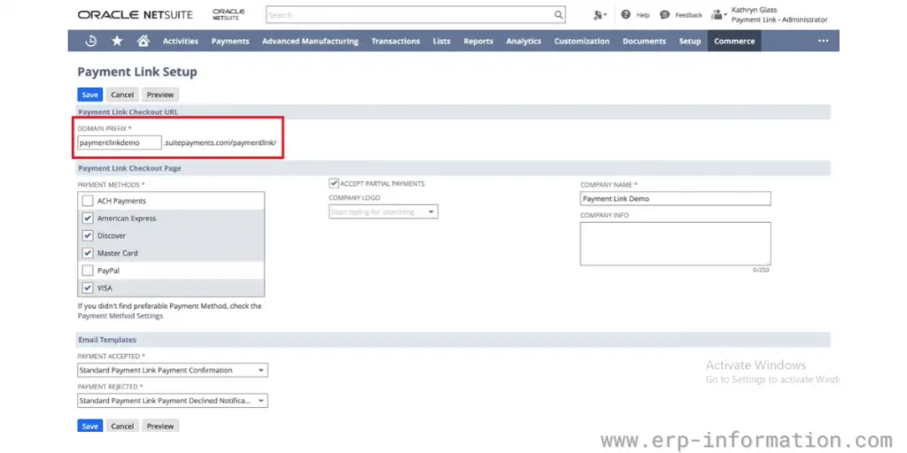 Payment link setup of NetSuite