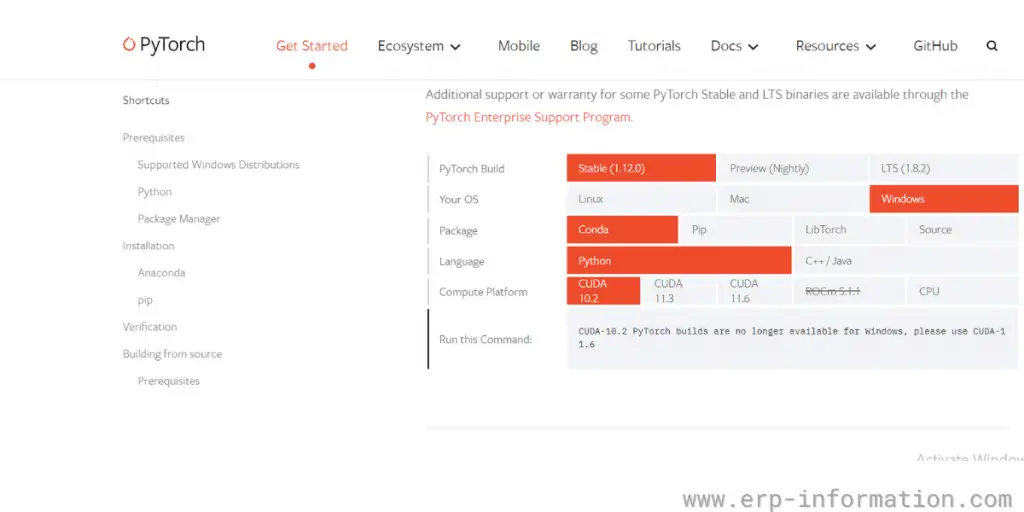 Overview of PyTorch Webpage