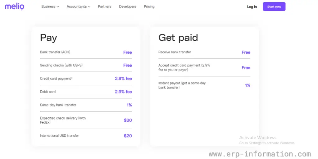 Pricing Sheet of melio