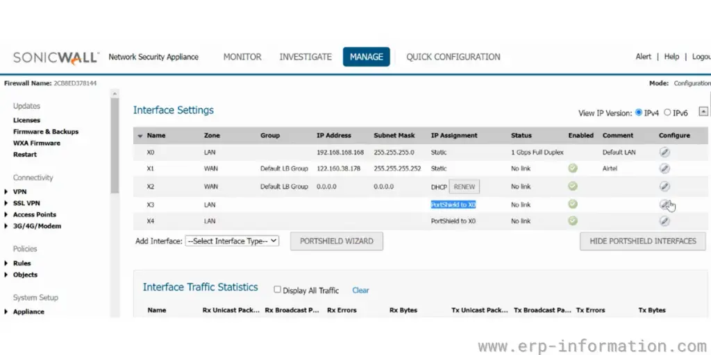 Overview Interface Settings of SonicWall 