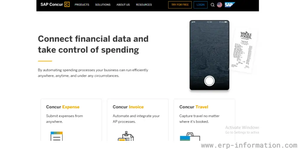 Webpage of SAP Concur