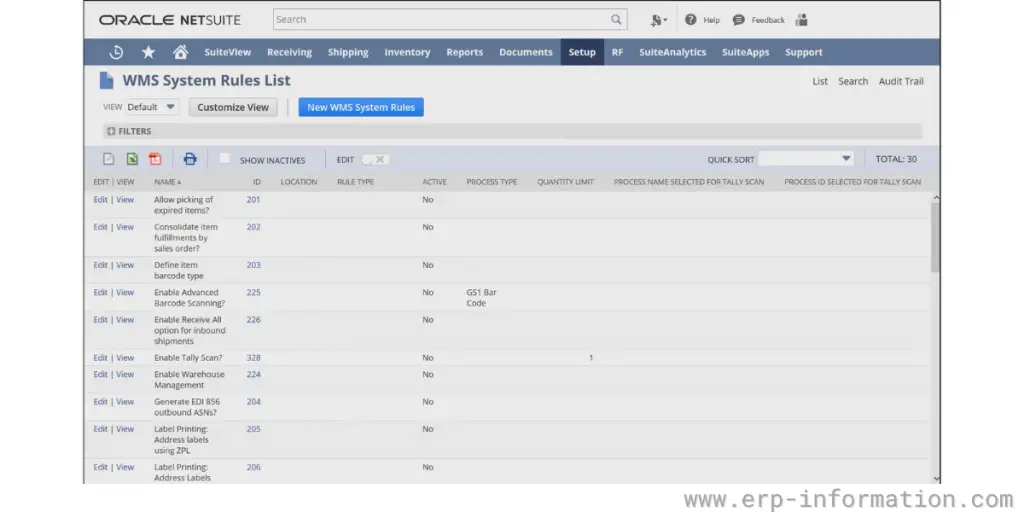 System Rules List Of NetSuite WMS