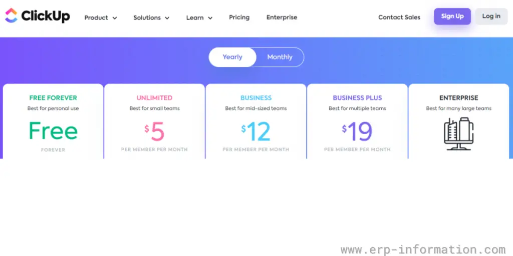Pricing sheet of ClickUp