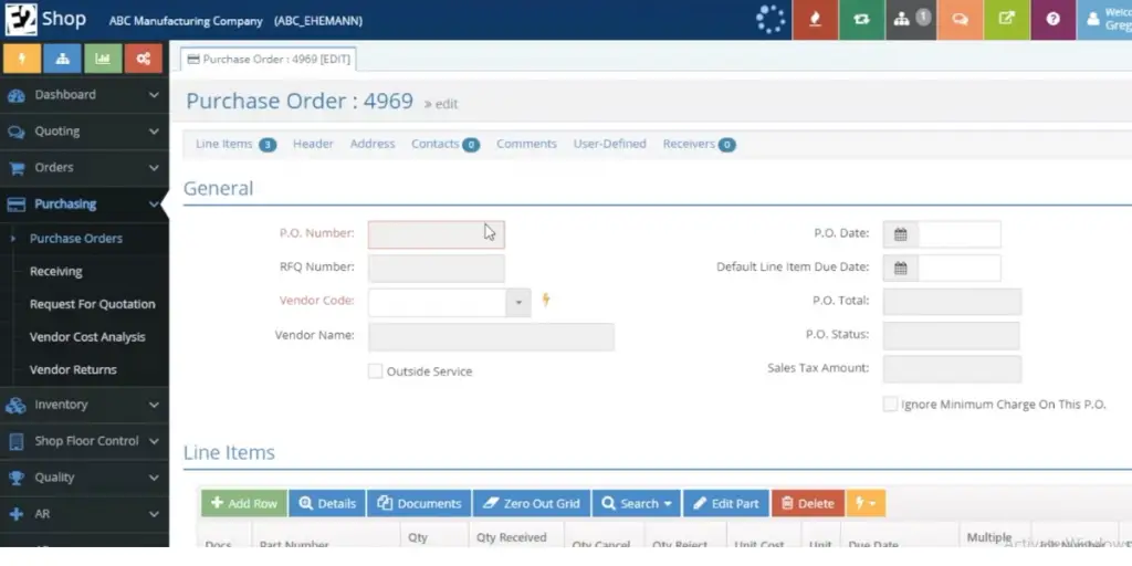 Purchase order of E2 shop system