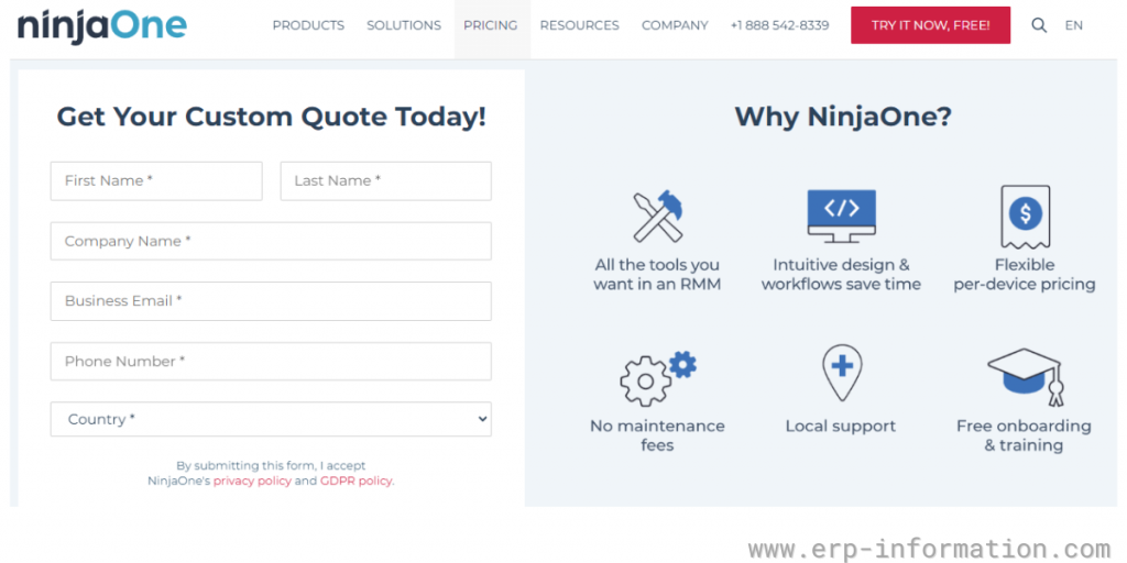 Pricing page of ninjaOne