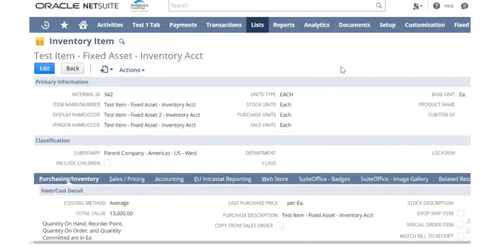 Inventory of Oracle NetSuite