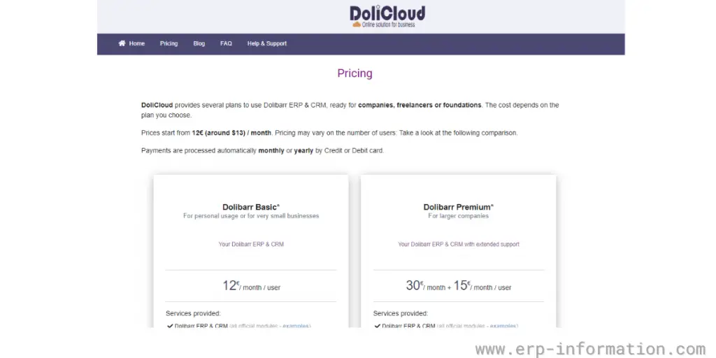 Pricing of DoliCloud