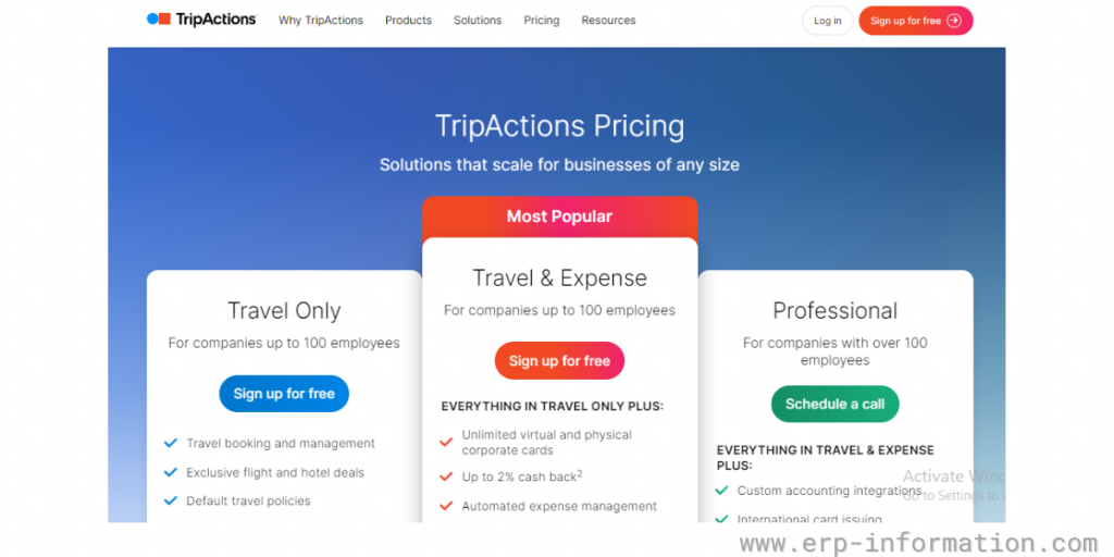 Pricing sheet of TripActions