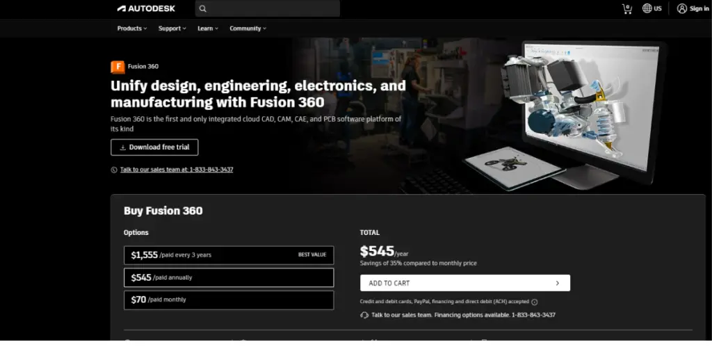 Pricing of Autodesk fusion 360