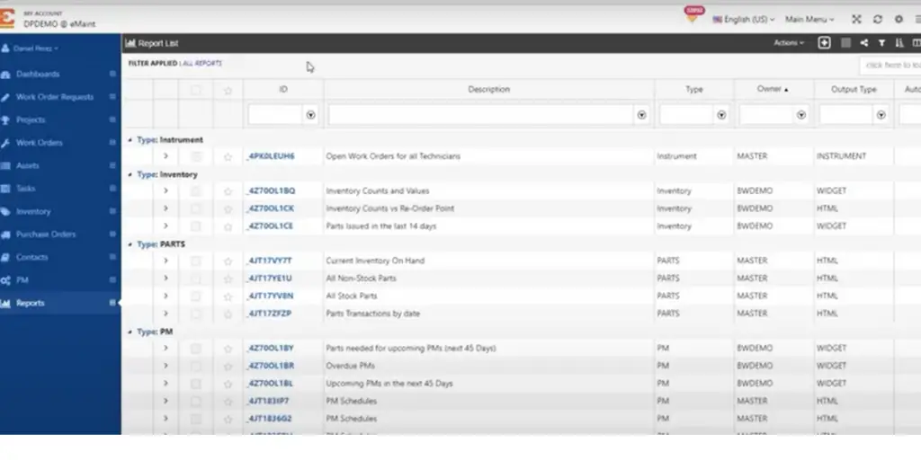 Report List Page of eMaint