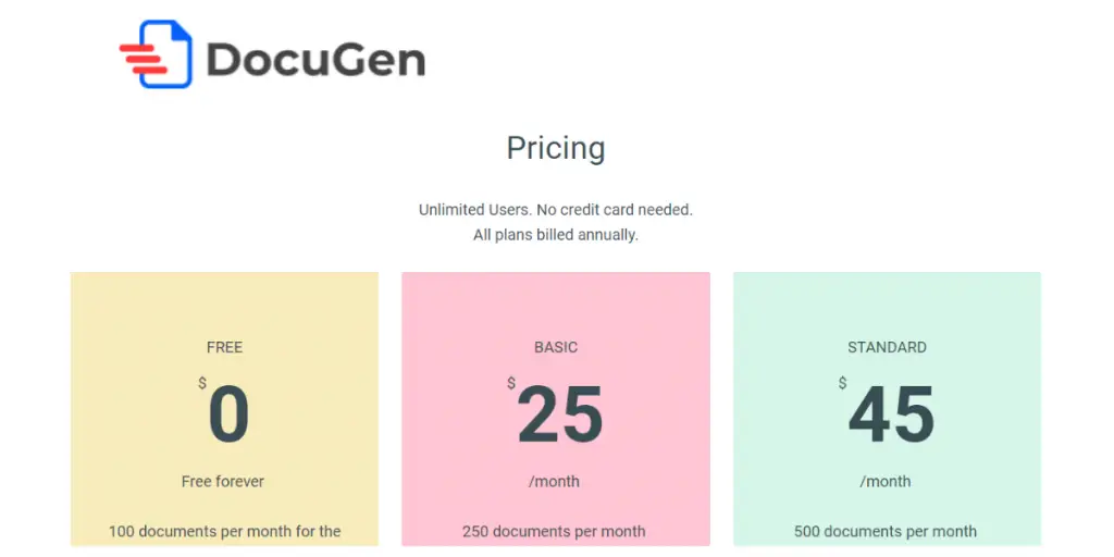 Pricing Sheet of DocuGen