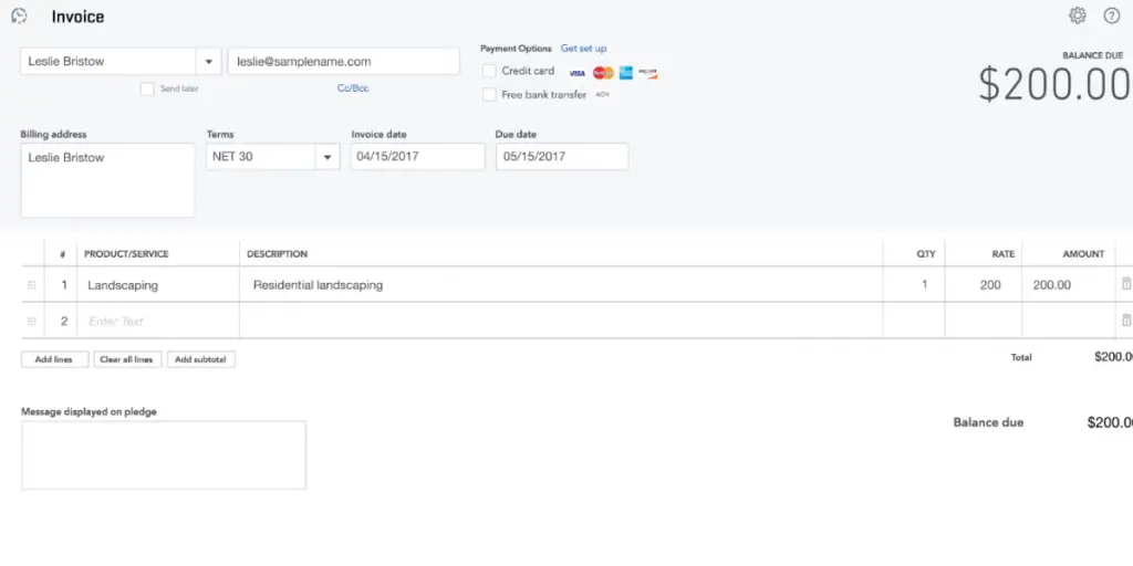 Invoice Page of Quickbooks