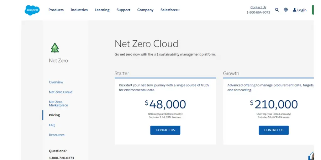 Price Sheet of Net Zero Cloud Salesforce