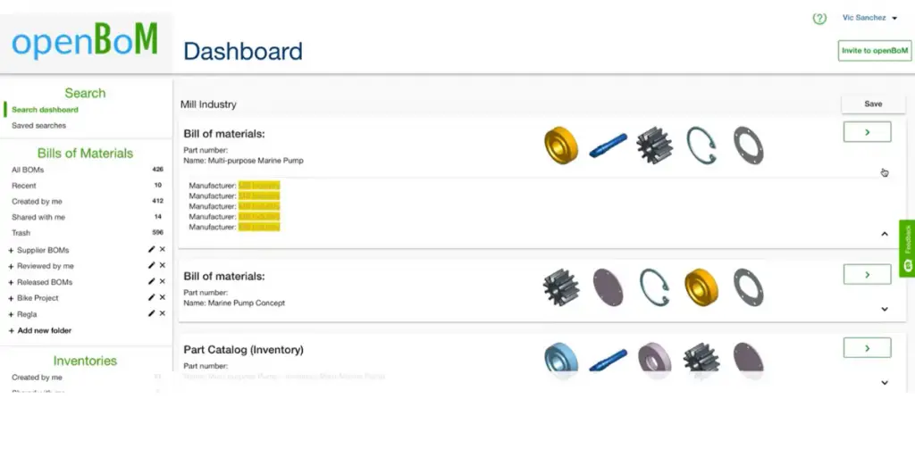 Dashboard of the Bill of Materials