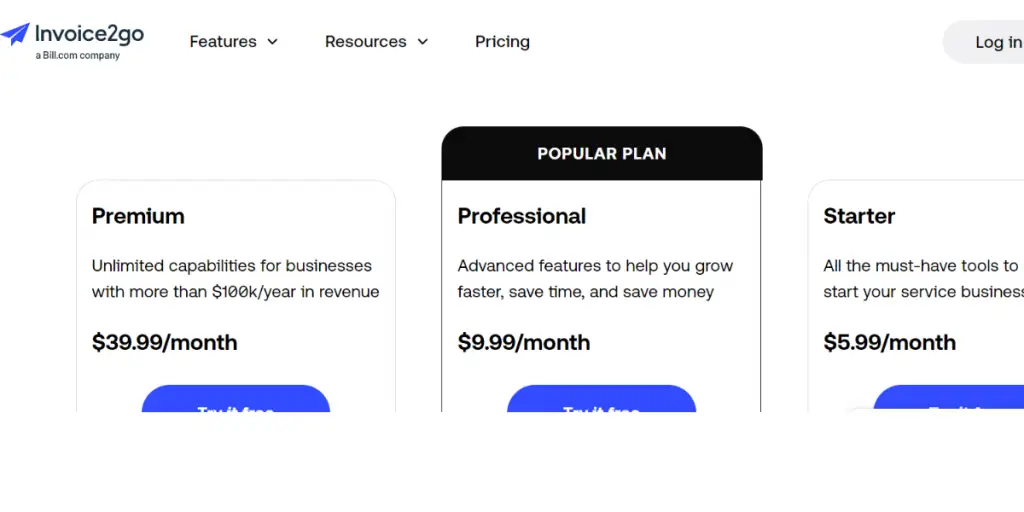 Pricing sheet of Invoice2go