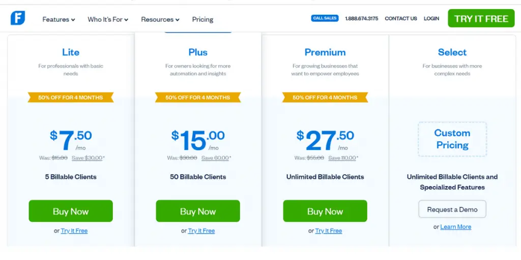 Monthly Pricing Sheet of Freshbook 