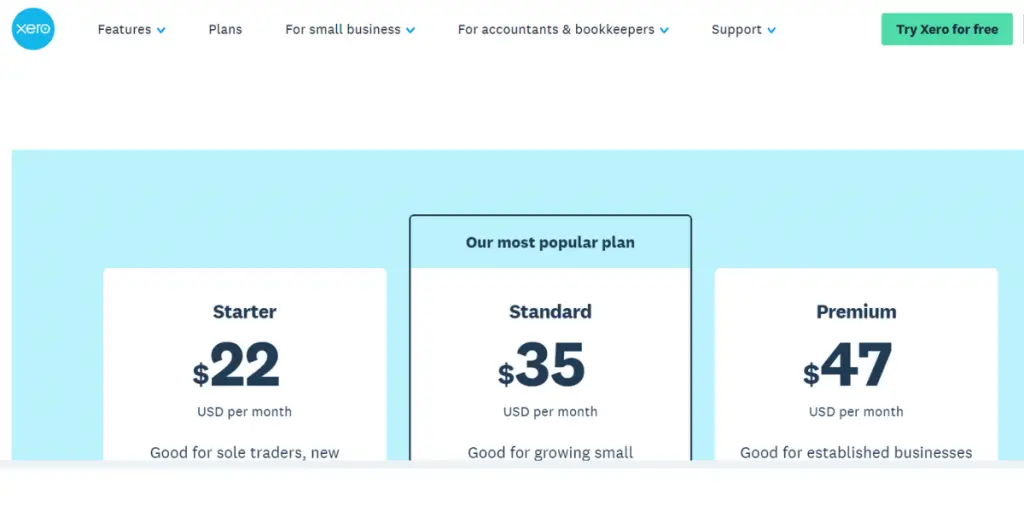 Pricing Sheet of Xero