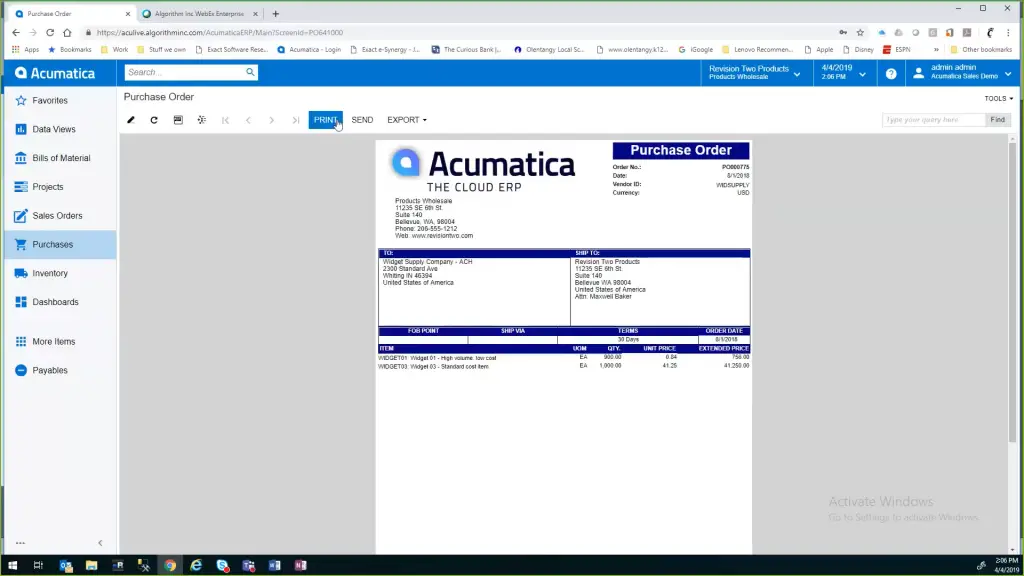 Purchase Order of Acumatica