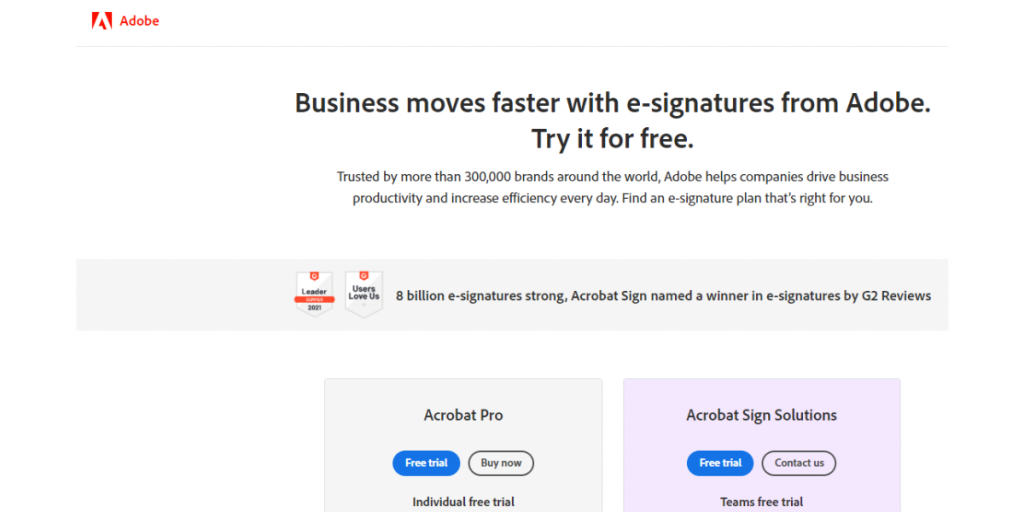 Webpage of Adobe Acrobat Sign